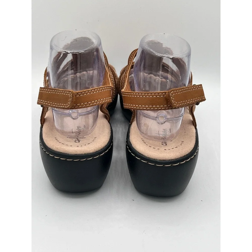 Clarks Delana Curve Women Sz 10M Tan Leather Strappy Wedge Sandals Comfort